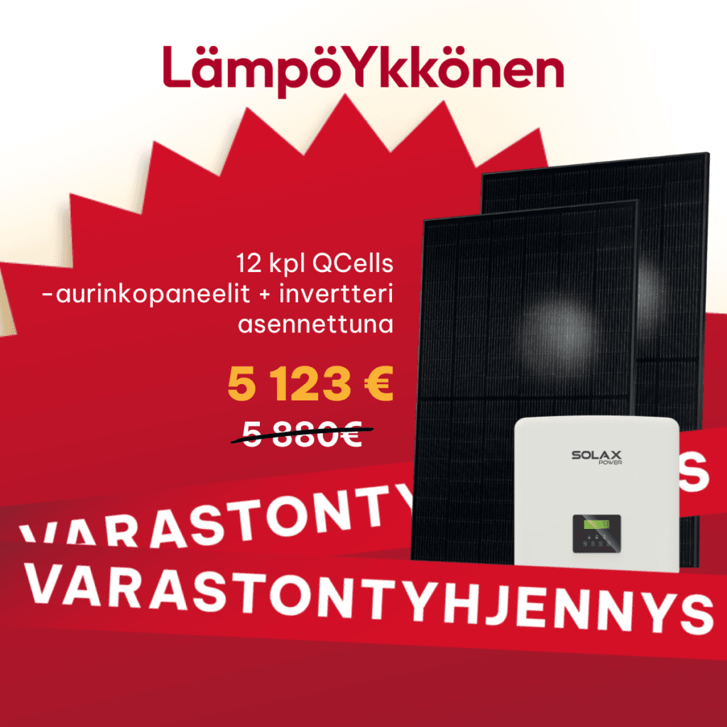 Nyt varastontyhjennystarjouksena 12 kpl Qcells-aurinkopaneeleja ja Solax-invertteri hintaan 5 123 € (normaalisti 5 880 €).