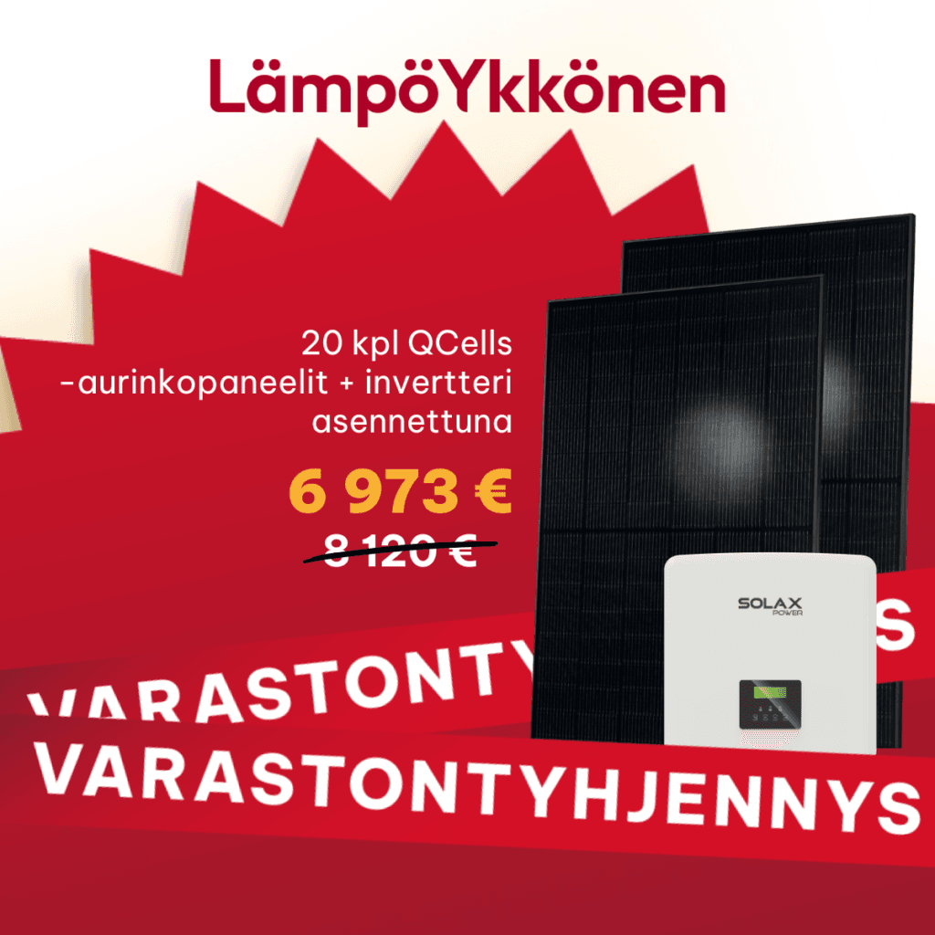 Nyt varastontyhjennystarjouksena 20 kpl Qcells-aurinkopaneeleja ja Solax-invertteri hintaan 6 973 € (normaalisti 8 120 €).