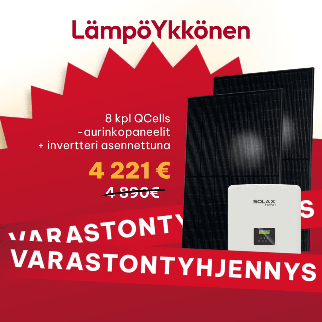 Nyt varastontyhjennystarjouksena 8 kpl Qcells-aurinkopaneeleja ja Solax-invertteri hintaan 4 221 € (normaalisti 4 890 €).