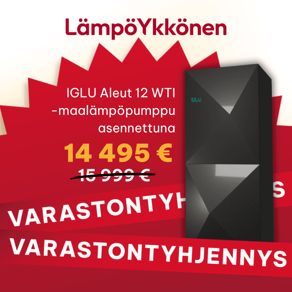 Nyt varastontyhjennystarjouksena IGLU Aleut -maalämpöpumppu asennettuna hintaan 14 495 € (normaalisti 15 999 €).