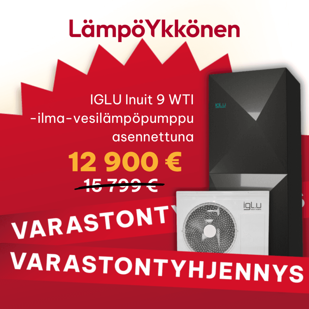 Nyt varastontyhjennystarjouksena IGLU Inuit -ilma-vesilämpöpumppu asennettuna hintaan 12 900 € (normaalisti 15 799 €).