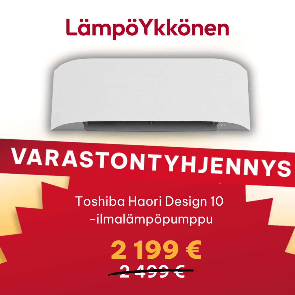 Nyt varastontyhjennystarjouksena Toshiba Haori Design 10 -ilmalämpöpumppu asennettuna hintaan 2 199 € (normaalisti 2 499 €).