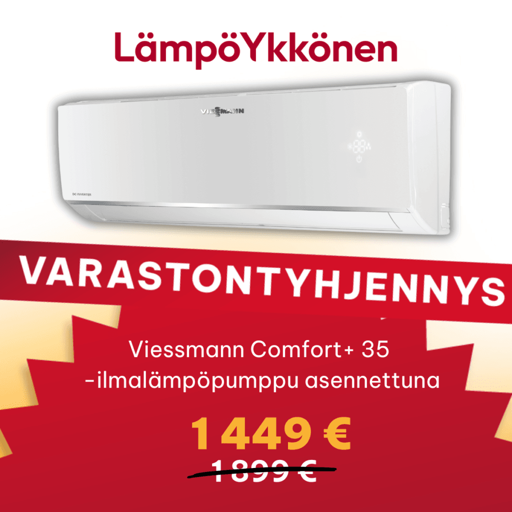 Nyt varastontyhjennystarjouksena Viessmann Comfort+ 35 -ilmalämpöpumppu asennettuna hintaan 1 449 € (normaalisti 1 899 €).