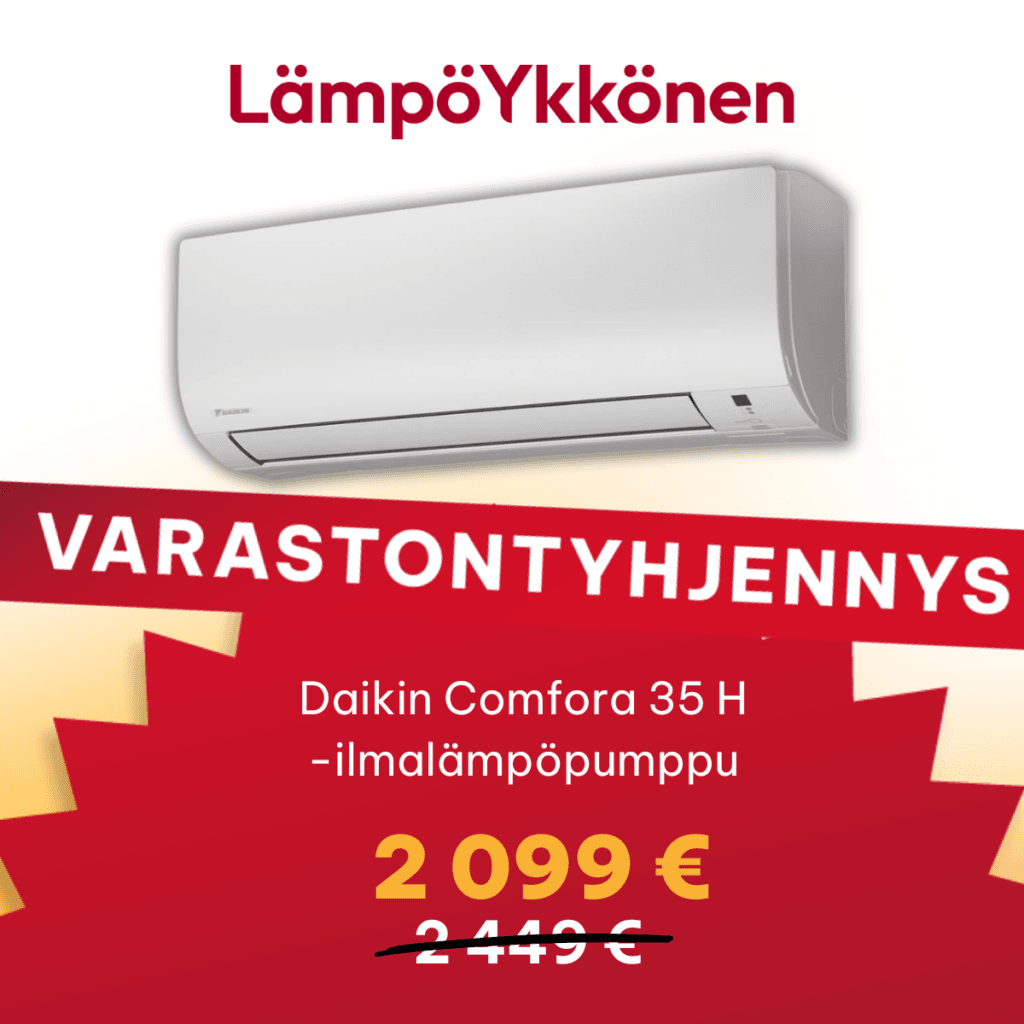 Nyt varastontyhjennystarjouksena Daikin Comfora 35 H -ilmalämpöpumppu asennettuna hintaan 2 099 € (normaalisti 2 449 €).